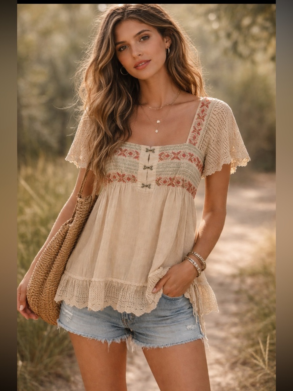 Free People Beige and Red Boho Blouse